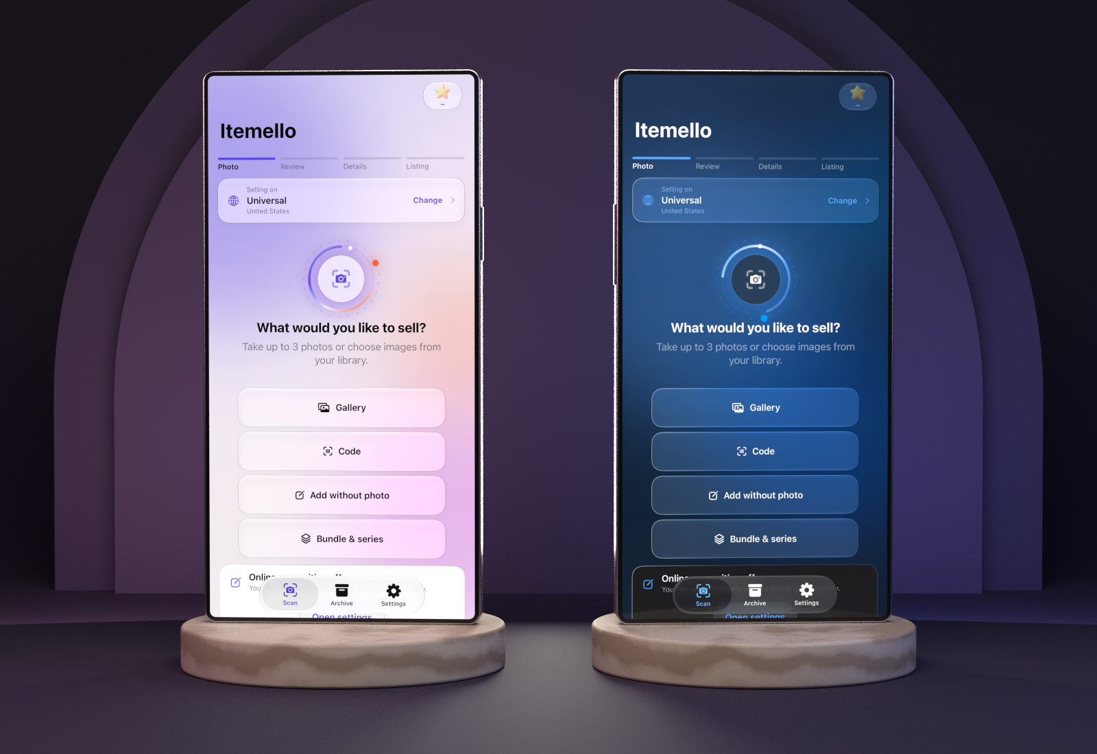 Itemello in two app looks: Aurora on the left, Dark Cosmos on the right.