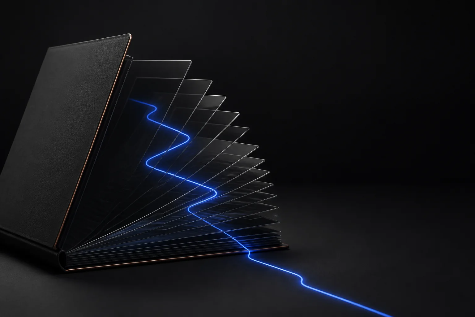 Black book object with transparent pages and a blue line of light